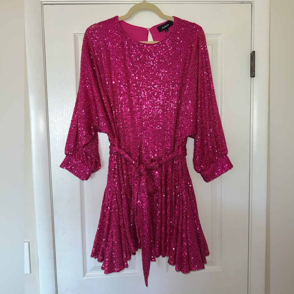 Aakaa - Sequin Pink Flowy Party Dress